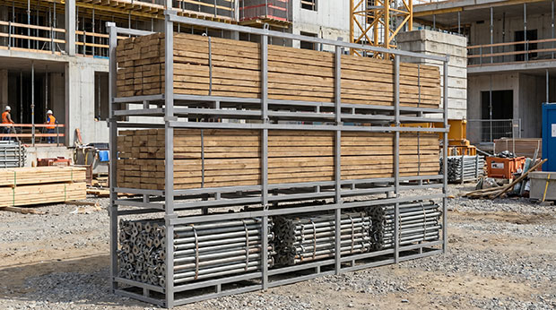 Stack of pipe stillages on a construction site loaded with joists and scaffolding poles