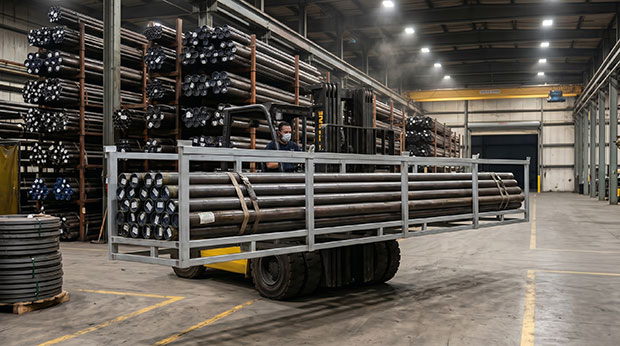 Pipe stillage loaded with pipes being handled by forklift in a warehouse