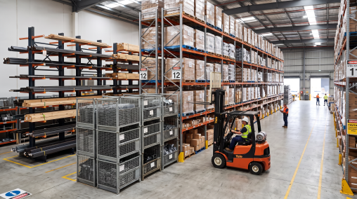 Warehouse with pallet & cantilever racking & stillages, with a working forklift