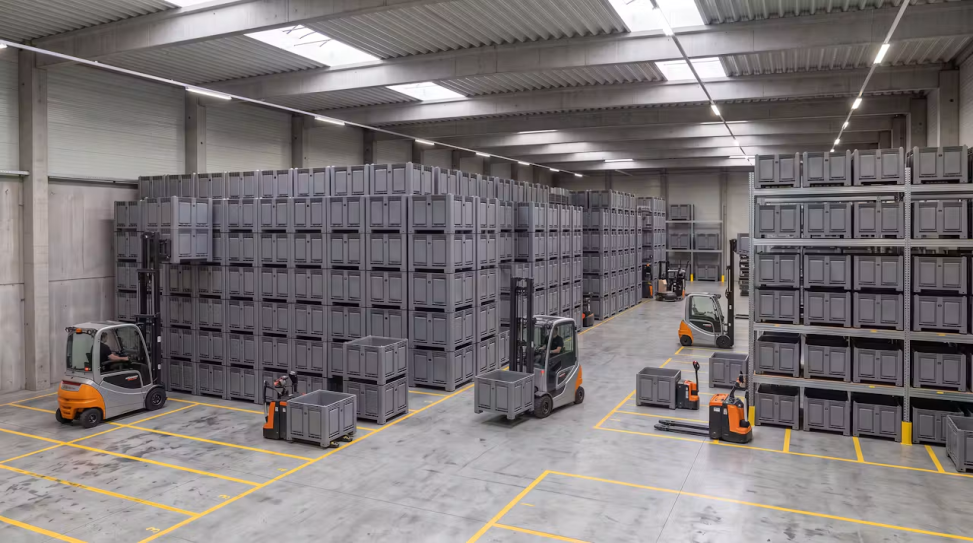 Stacks of pallet boxes with forklifts in a warehouse facility