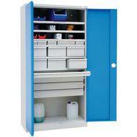 6 shelves + 5 sliding drawers + 6 drawers, width 13 cm + 6 drawers, width 28 cm