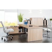 Unit consists of a desk with return, two low glass cabinets and two mid-height cabinets