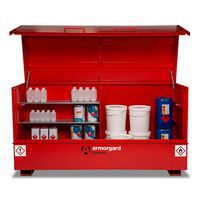 Flambank storage chest storing small and large flammable chemical containers.