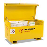 Yellow Chembank storage chest with lid open and storing chemical tubs.