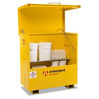 Wide COSHH Chembank chest with 1 steel shelf storing large chemical containers.