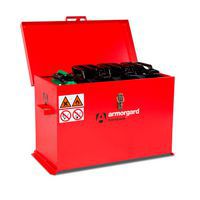 Large red Transbank chest filled with hazardous substances.