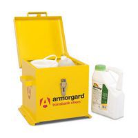 Transbank Chemical chest with lid open and hazardous chemicals inside.