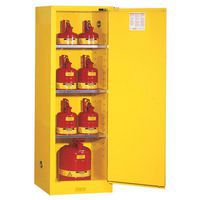 Slimline flammable storage cabinet filled with flammable canisters.