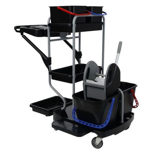 Cleaning Trolley/Janitor Cart - Bag Holder & 4 Buckets - Manutan Expert