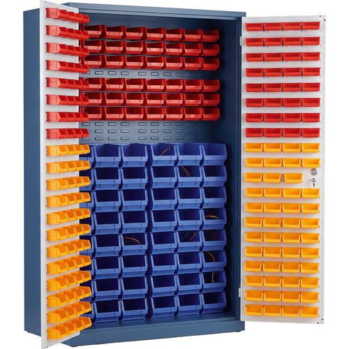 Metal Office Cupboard with Louvre Panels and Plastic Storage Bins