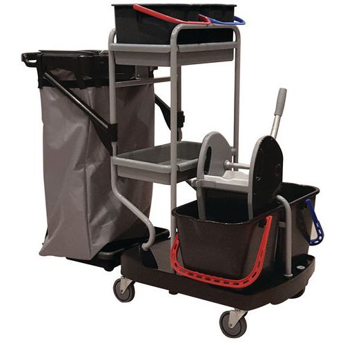 Cleaning Trolley/Janitor Cart - Bag Holder & 4 Buckets - Manutan Expert