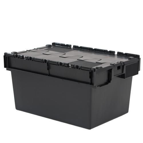 Tote Box Attached Lid Container Black for Secure Storage and Transport