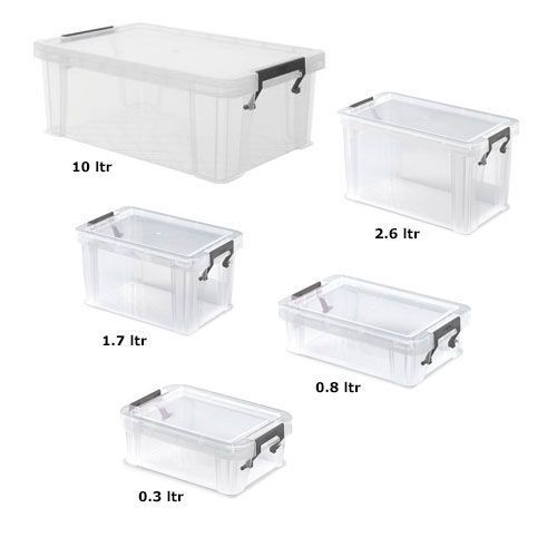 Set of 5 Clear Storage Boxes - 10L, 2.6L, 1.7L, 0.8L & 0.3L - Manutan