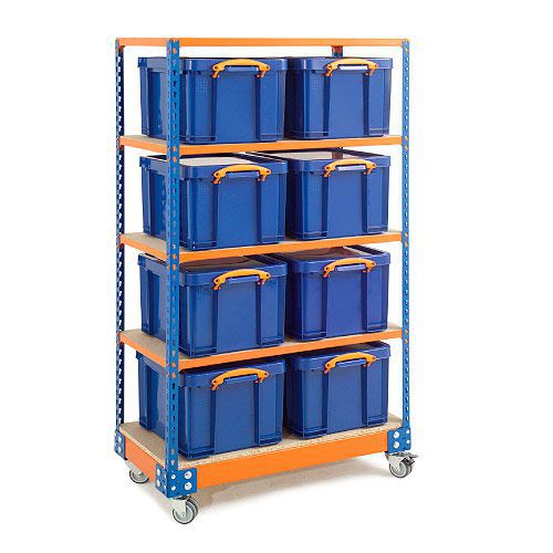 Rapid 1 Heavy Duty Mobile Shelving Bay - 1700h with 4 Shelves and Really Useful Boxes