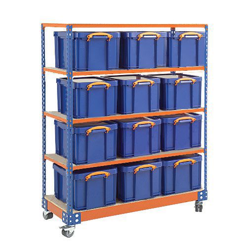 Rapid 2 Medium Duty Mobile Shelving Bay - 1700h with 4 Shelves and 12 Really Useful Boxes