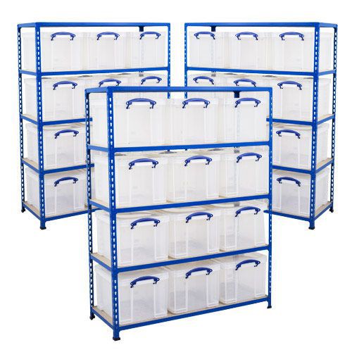 3 Bays of Shelving (1600h x 1220w) With 12 Really Useful Storage Boxes