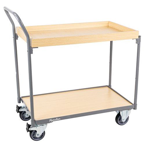 Trolley with wooden raised-edge shelves 250 kg - Vertical bar - Manutan Expert