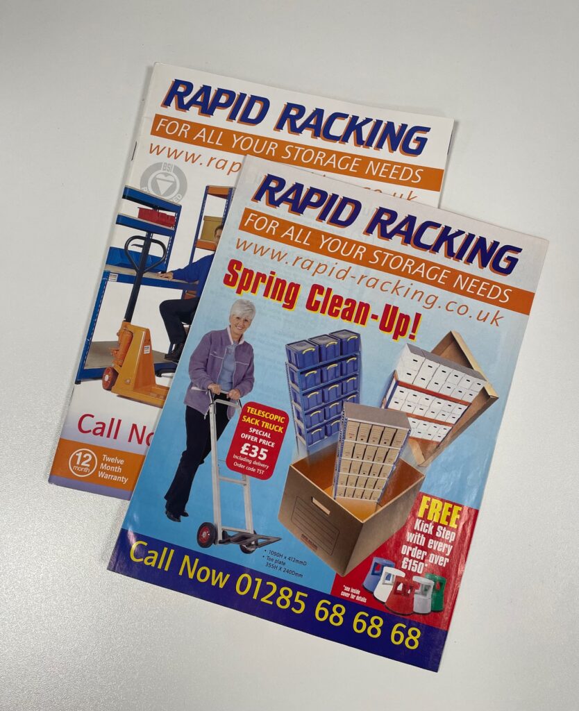 Photo of two Rapid Racking printed catalogues
