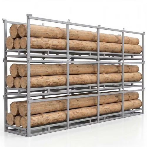 Three pipe stillages stacked on top of each other loaded with timber