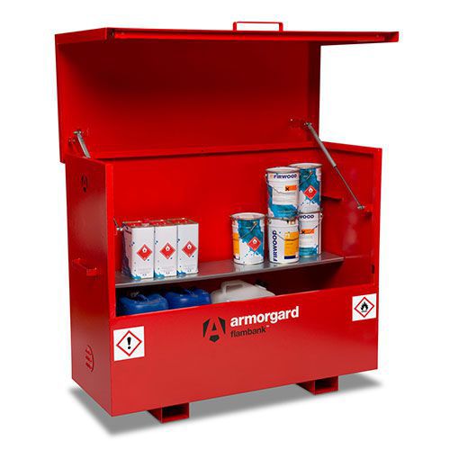 Flammable COSHH Storage Chest with one steel shelf storing hazardous substances. Flammable COSHH Storage Chest with one steel shelf storing hazardous substances.