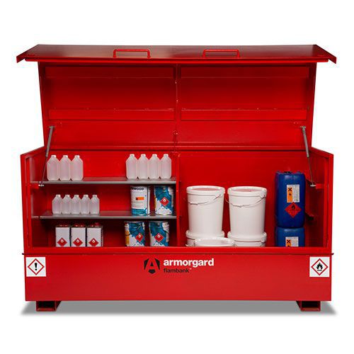 Flambank storage chest storing small and large flammable chemical containers. Flambank storage chest storing small and large flammable chemical containers.