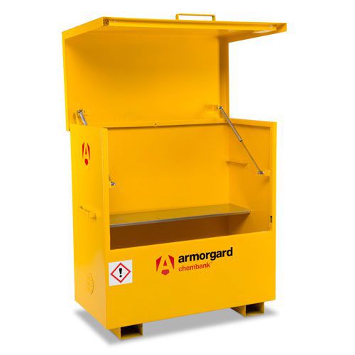 Wide COSHH Chembank chest with lid open and 1 shelf. Wide COSHH Chembank chest with lid open and 1 shelf.