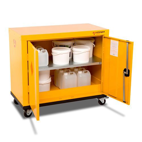 Mobile cabinet with 2 doors open filled with hazardous chemicals. Mobile cabinet with 2 doors open filled with hazardous chemicals.