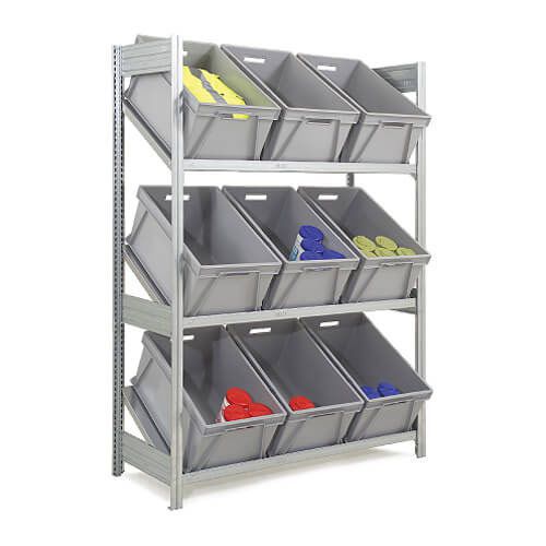 Fully Inclined Galvanized Supply Shelving (1850h x 524d) With 9 Plastic Boxes Fully Inclined Galvanized Supply Shelving (1850h x 524d) With 9 Plastic Boxes