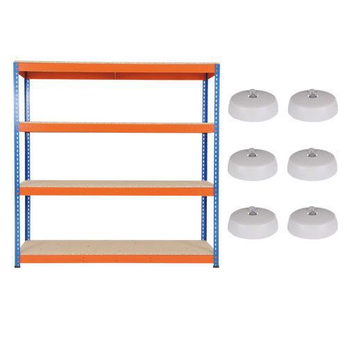 Rapid 1 Shelving (1980h x 1830w) Blue & Orange - 4 Chipboard Shelves with 6 Medium Circular Lights Rapid 1 Shelving (1980h x 1830w) Blue & Orange - 4 Chipboard Shelves with 6 Medium Circular Lights