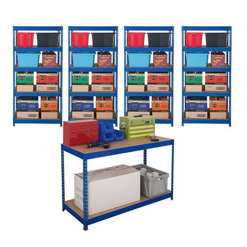 4 Budget Shelving Bays and 1 Rapid 3 Workbench 4 Budget Shelving Bays and 1 Rapid 3 Workbench
