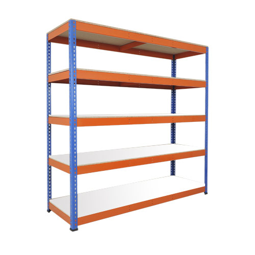 Rapid 1 Heavy Duty Shelving (1980h x 2440w) Blue & Orange - 5 Melamine Shelves Rapid 1 Heavy Duty Shelving (1980h x 2440w) Blue & Orange - 5 Melamine Shelves