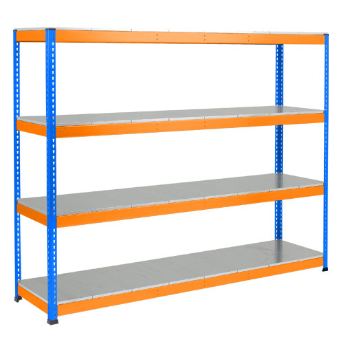Rapid 1 Heavy Duty Shelving (2440h x 2134w) Blue & Orange - 4 Galvanized Shelves Rapid 1 Heavy Duty Shelving (2440h x 2134w) Blue & Orange - 4 Galvanized Shelves