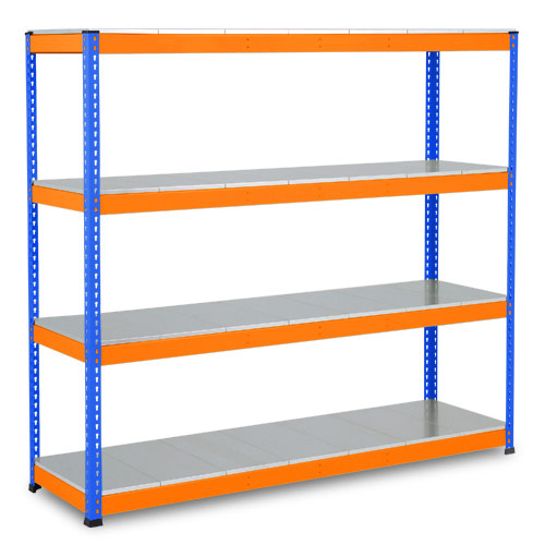 Rapid 1 Heavy Duty Shelving (1980h x 2134w) Blue & Orange - 4 Galvanized Shelves Rapid 1 Heavy Duty Shelving (1980h x 2134w) Blue & Orange - 4 Galvanized Shelves