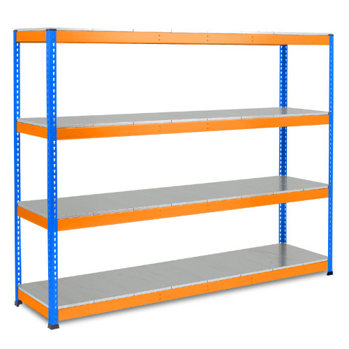 Rapid 1 Heavy Duty Shelving (1980h x 2440w) Blue & Orange - 4 Galvanized Shelves Rapid 1 Heavy Duty Shelving (1980h x 2440w) Blue & Orange - 4 Galvanized Shelves