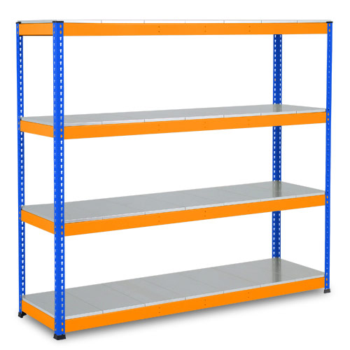 Rapid 1 Heavy Duty Shelving (2440h x 1525w) Blue & Orange - 4 Galvanized Shelves Rapid 1 Heavy Duty Shelving (2440h x 1525w) Blue & Orange - 4 Galvanized Shelves