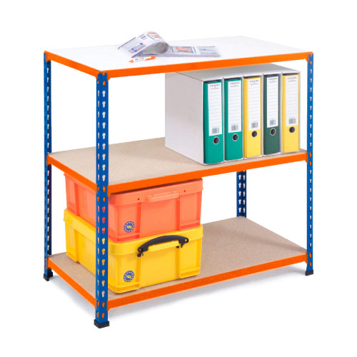 Rapid 2 Shelving (840h x 915w) Blue & Orange - 3 Chipboard Shelves Rapid 2 Shelving (840h x 915w) Blue & Orange - 3 Chipboard Shelves