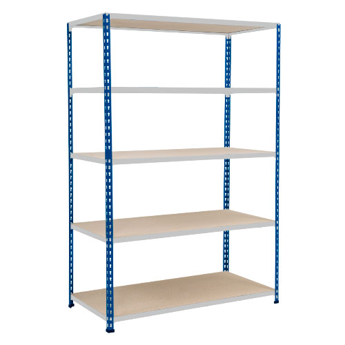 Rapid 2 Shelving (1600h x 1525w) Blue & Grey - 5 Chipboard Shelves Rapid 2 Shelving (1600h x 1525w) Blue & Grey - 5 Chipboard Shelves