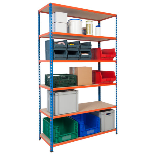 Rapid 2 Shelving (1980h x 1525w) Blue & Orange - 6 Chipboard Shelves Rapid 2 Shelving (1980h x 1525w) Blue & Orange - 6 Chipboard Shelves