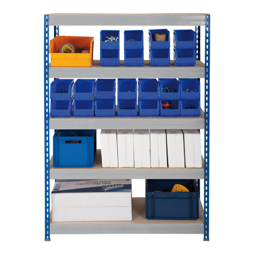 Rapid 3 Shelving (1600h x 1500w) Blue & Grey - 5 Chipboard Shelves Rapid 3 Shelving (1600h x 1500w) Blue & Grey - 5 Chipboard Shelves